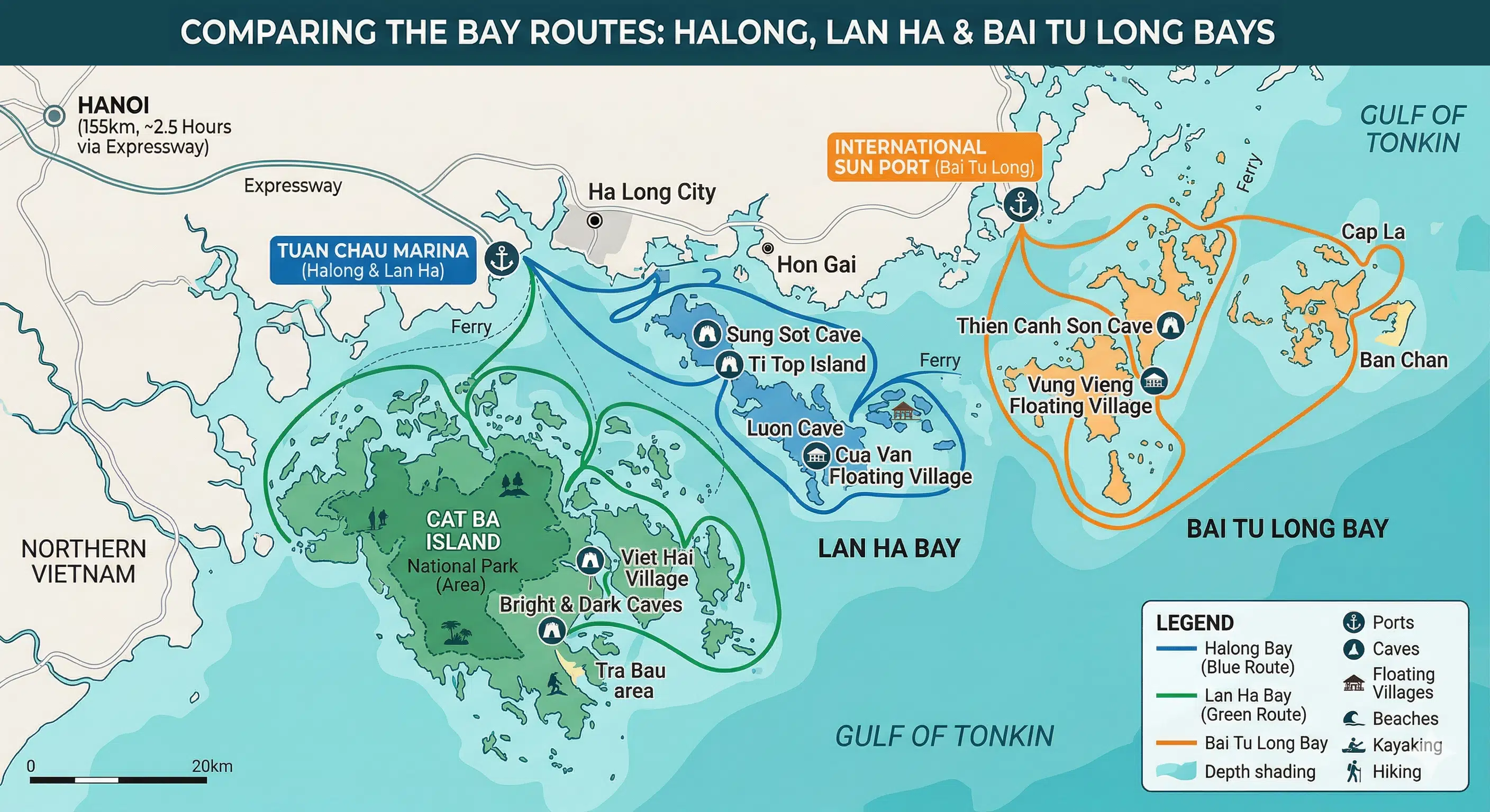 Map Graphic Comparing the three bay routes: Halong, Lan Ha and Bai Tu Long